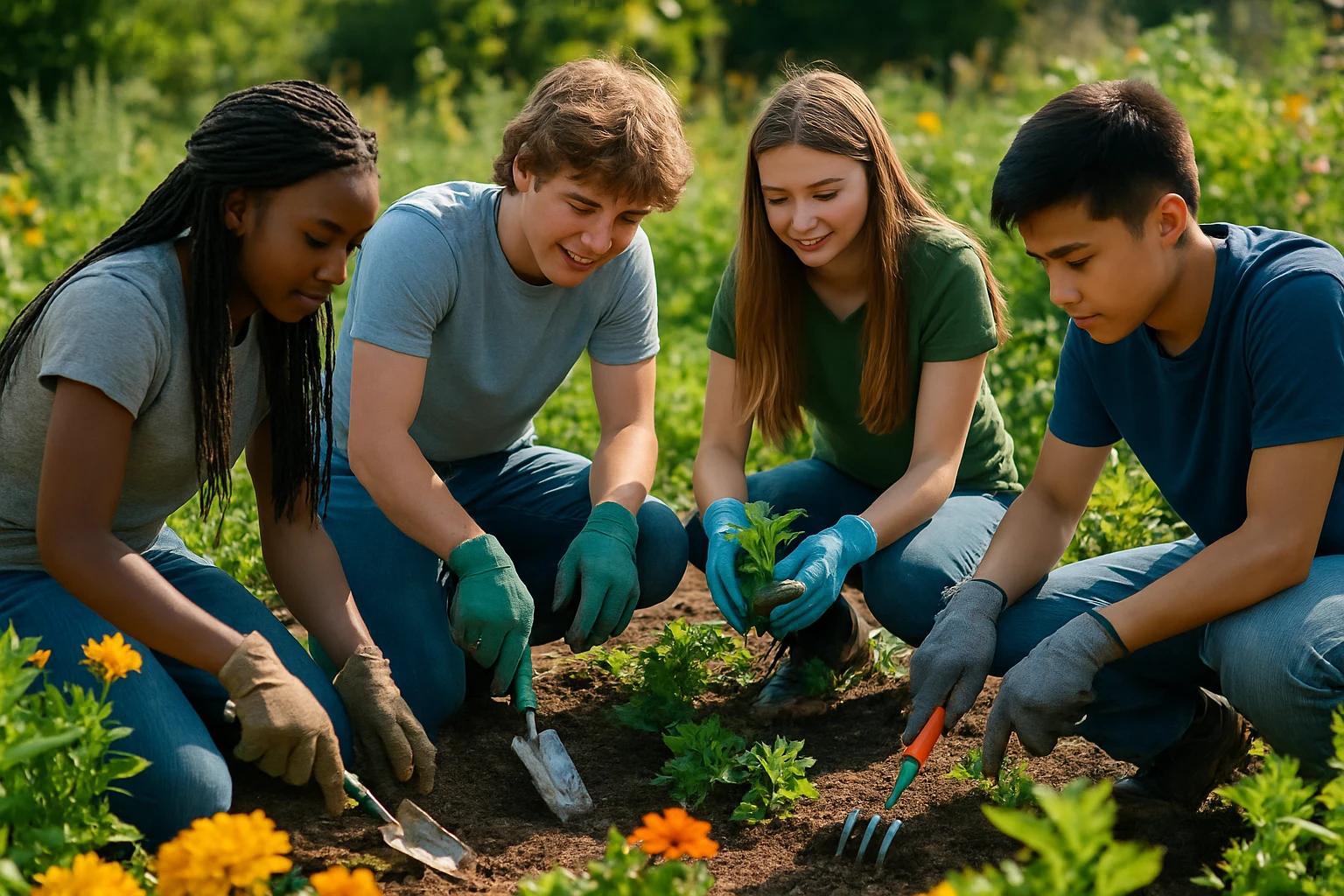 A group of teens actively participating in a community gardening project, each using various tools like trowels and gloves, with vibrant plants and flowers surrounding them in a sunny outdoor setting.