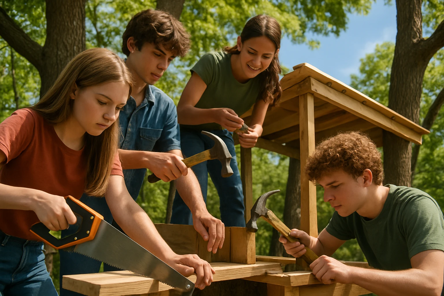 A group of teenagers is collaborating in a vibrant outdoor setting, constructing a wooden treehouse using hammers, saws, and nails, surrounded by lush trees and a clear blue sky.
