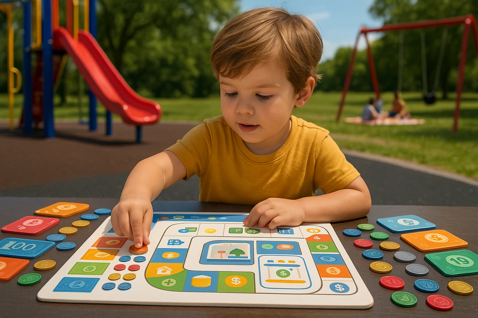 A vivid playground scene features a young child using a Life Hub-inspired financial literacy board game, complete with colorful cards and tokens representing various currencies, set against the backdrop of an outdoor picnic with lush, green surroundings and a clear blue sky.
