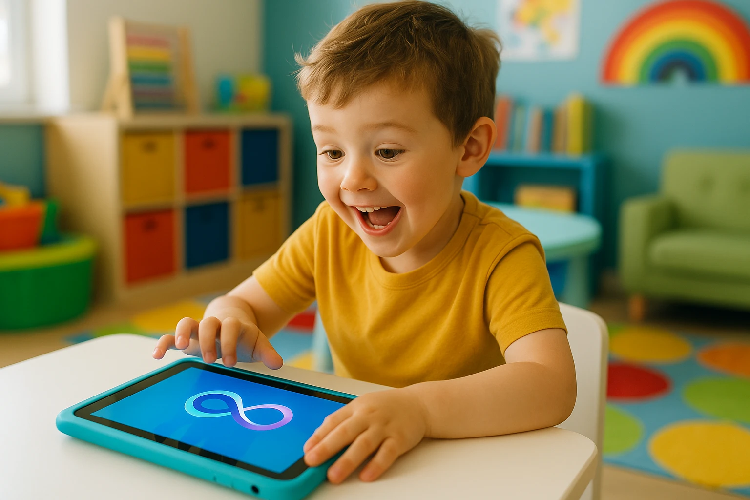A child excitedly uses an interactive learning tablet in a bright, colorful playroom, with the Life Hub Infiniti logo displayed prominently on the screen.
