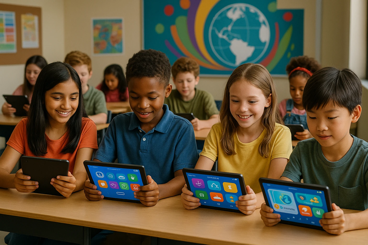 A classroom filled with diverse students eagerly engaging in a hands-on activity, each holding tablet devices displaying educational apps from Life Hub Infiniti, with a colorful Electus Global Education banner hanging on the wall.