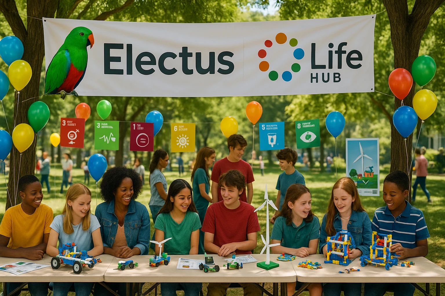 A vibrant outdoor community event features a large Electus and Life Hub banner stretched between two trees. Tables are set up with students showcasing creative projects made with Life Hub educational kits, while colorful balloons and educational posters highlight UN SDGs and renewable energy.