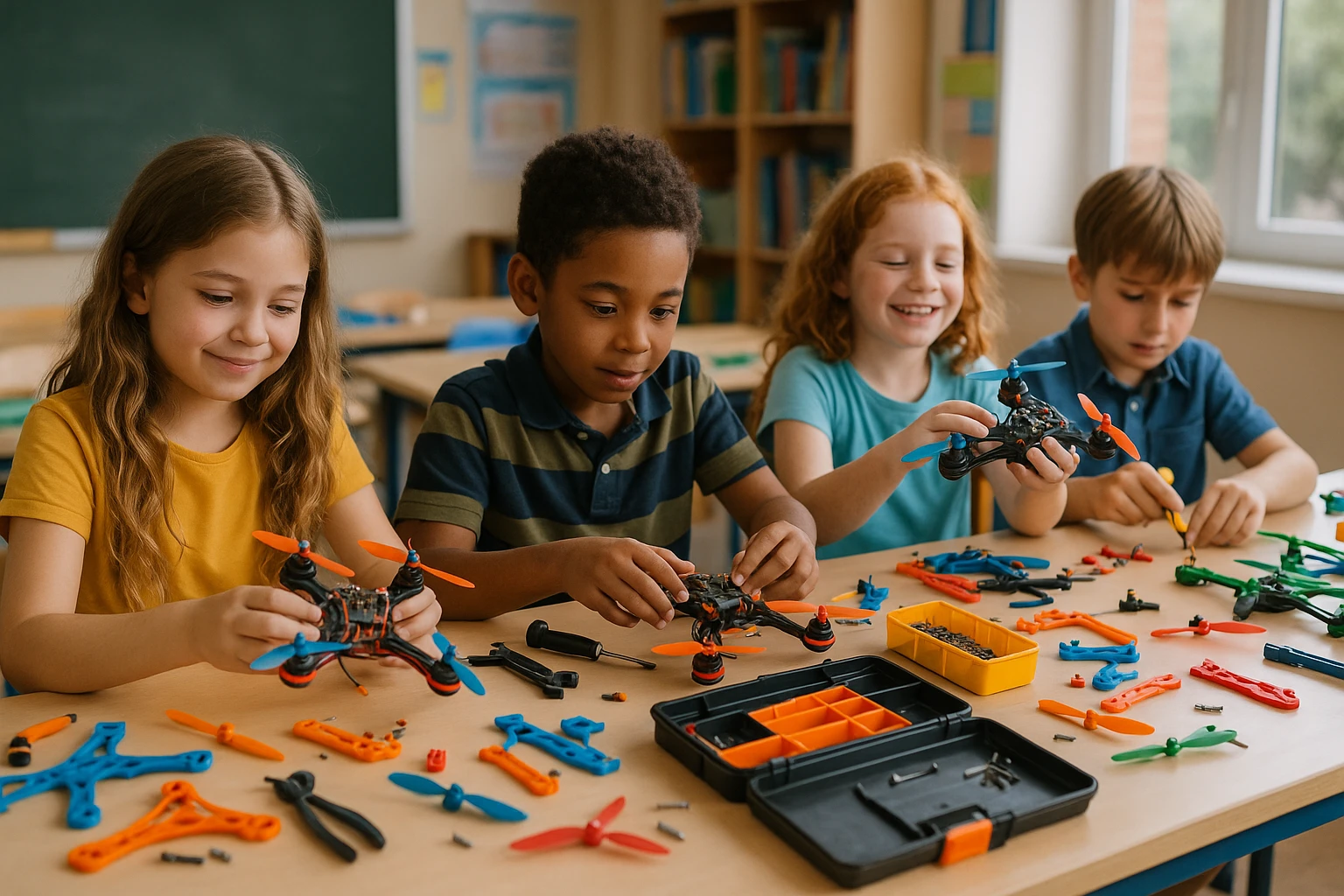 A vibrant classroom scene where children are enthusiastically participating in a hands-on drone-building workshop, surrounded by colorful drone parts and toolkits, demonstrating early engagement in technology and innovation.