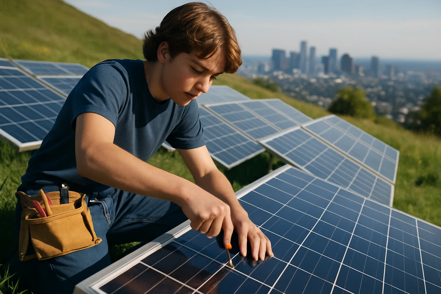 A young teenager wearing a toolbelt is actively working on a solar panel setup atop a grassy hill, with a cityscape visible in the background, symbolizing hands-on learning in renewable energy trades.