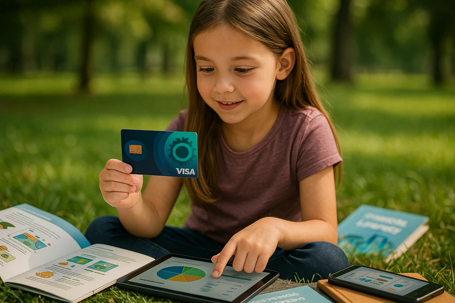 A young girl in a park interacting with a co-branded Life Hub Visa Rewards Card, surrounded by educational booklets and digital devices emphasizing financial literacy. The scene captures the outdoor learning atmosphere, highlighting the integration of technology and real-world money management in a natural setting.