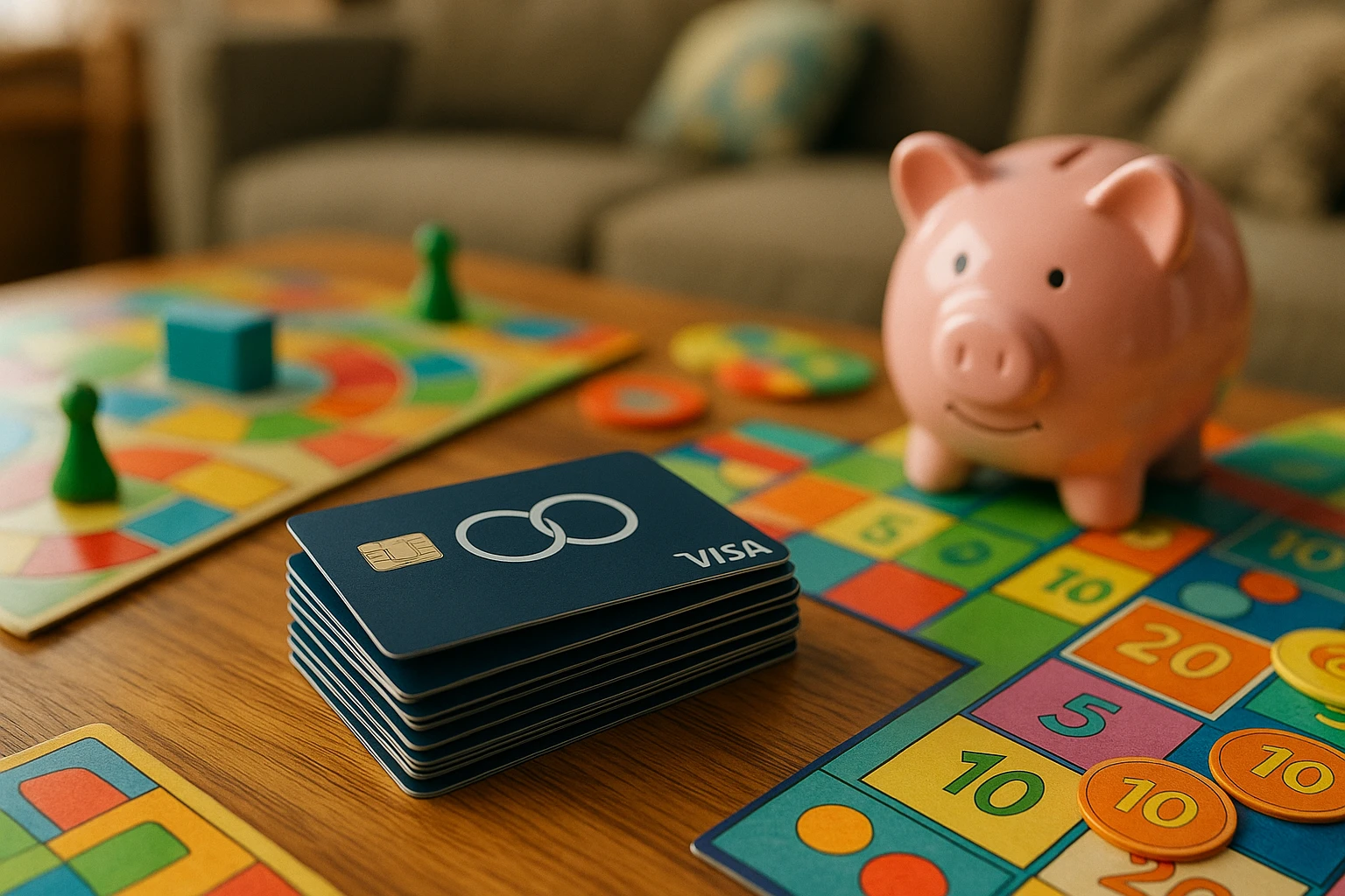 A stack of co-branded Life Hub Visa Rewards Cards on a wooden table, surrounded by colorful educational board games and a piggy bank, in a cozy family living room emphasizing playful financial learning and money management.