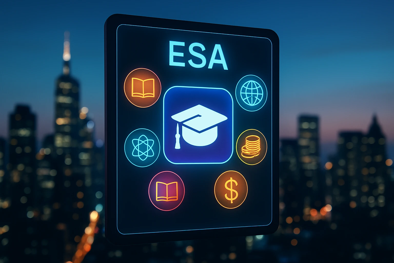 A digital banner featuring a vibrant, futuristic Education Savings Account (ESA) portal interface with colorful icons representing various educational categories, including a graduation cap, a globe, and a money symbol, displayed against the backdrop of a bustling cityscape.