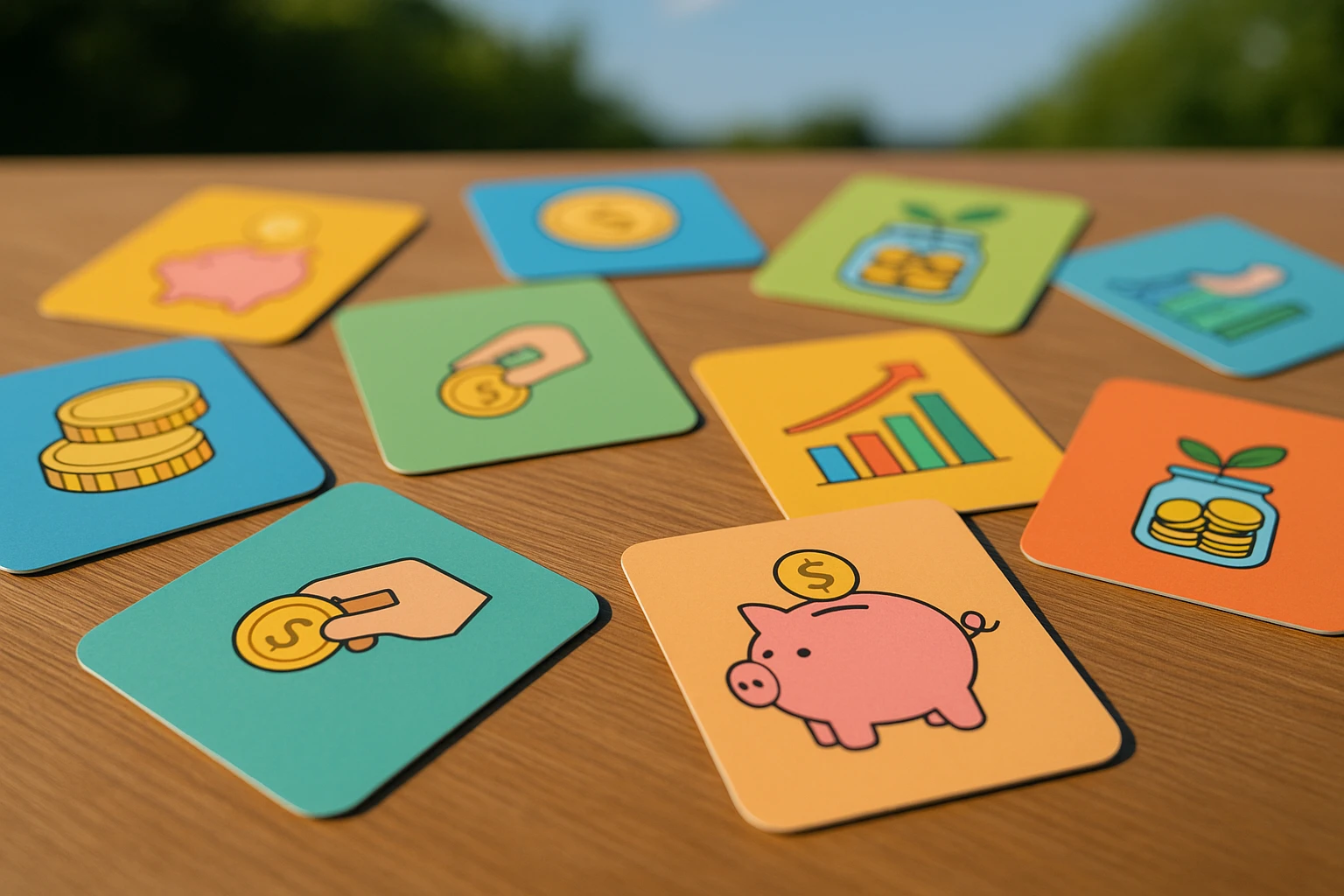 A series of interactive, colorful flashcards depicting financial literacy topics are spread across a table, with illustrations of coins, piggy banks, and investment charts, outdoors under a sunny sky.