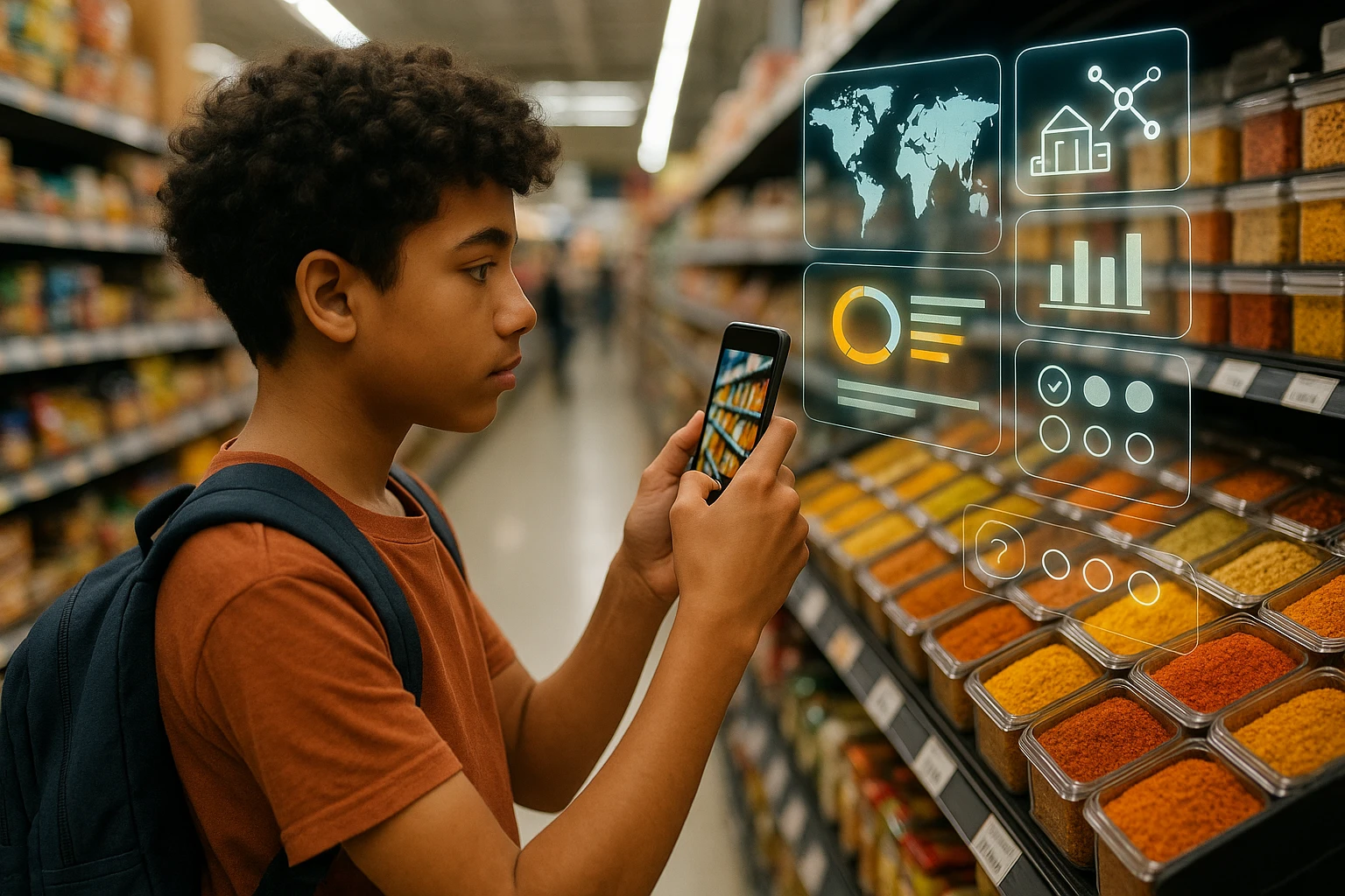 A young learner stands in a bustling grocery aisle, smartphone in hand, capturing a vibrant display of international spices. Above the aisle, an augmented reality interface overlays digital info about the spices' origins, supply chain, and nutrition, with interactive quizzes enabling on-the-spot learning and rewards.