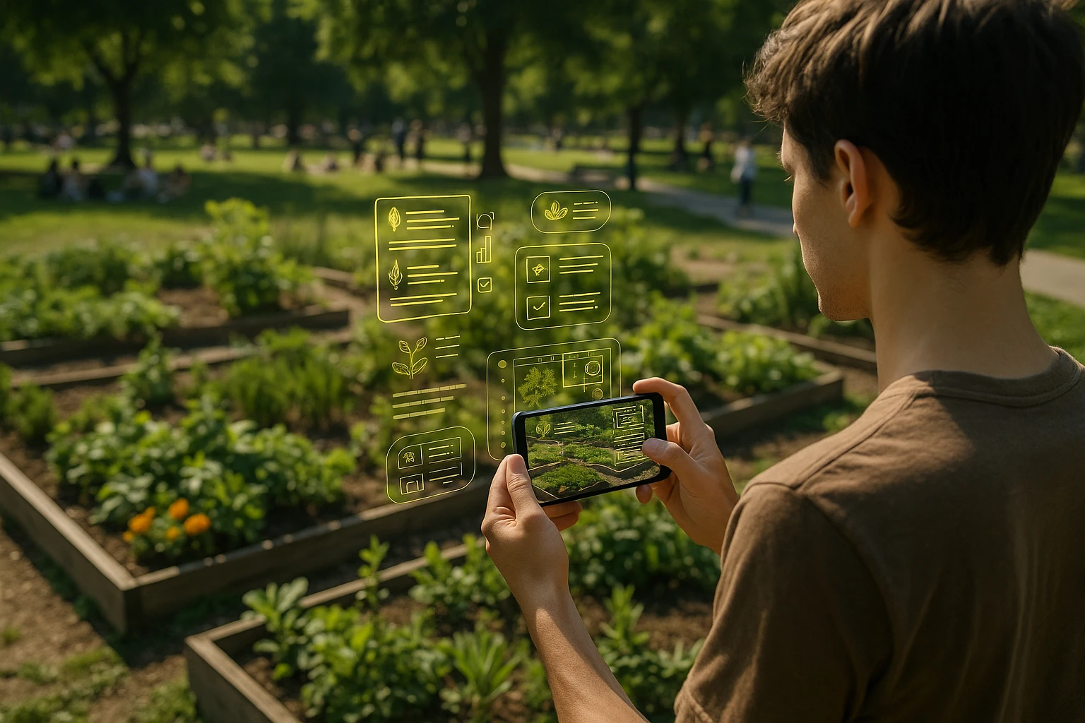A young adult surveys a bustling local park, capturing a photo of a community garden using their smartphone. An augmented reality display overlays digital information about the ecological benefits of community gardens and interactive tasks for designing and maintaining sustainable spaces, offering instant rewards for engagement and innovation.