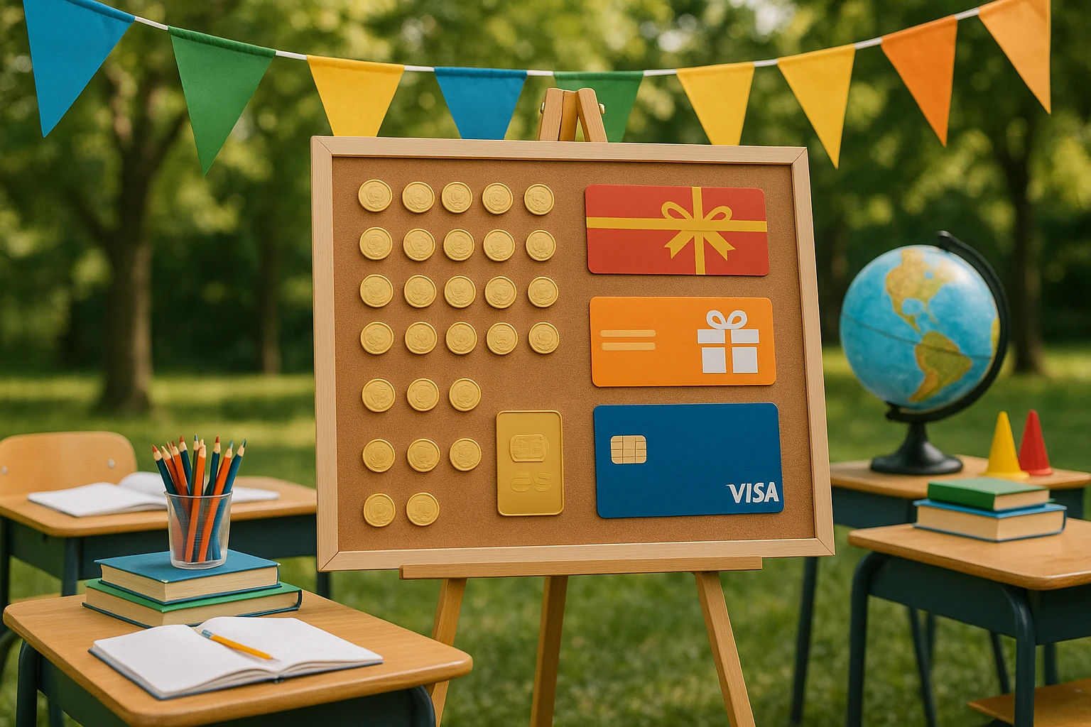 A vibrant classroom scene outdoors, where a reward board is displayed showing tokens, gift cards, and a visa card amidst colorful banners and educational tools, creating an exciting, real-world connection for kids.