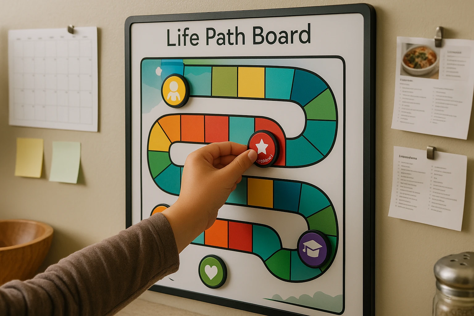 A close-up of a child's hand placing a magnetized milestone token on a colorful, magnetic dry-erase 