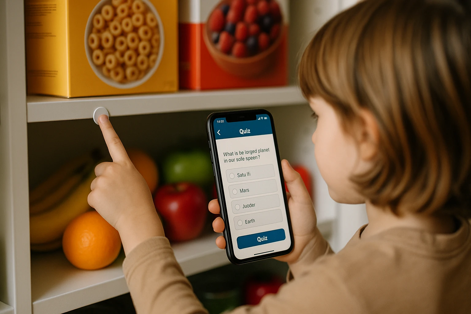 A child taps an NFC sticker on a kitchen pantry shelf, triggering an educational quiz on their smartphone, while groceries like colorful fruits and cereal boxes are visible in the background, emphasizing learning through everyday tasks.