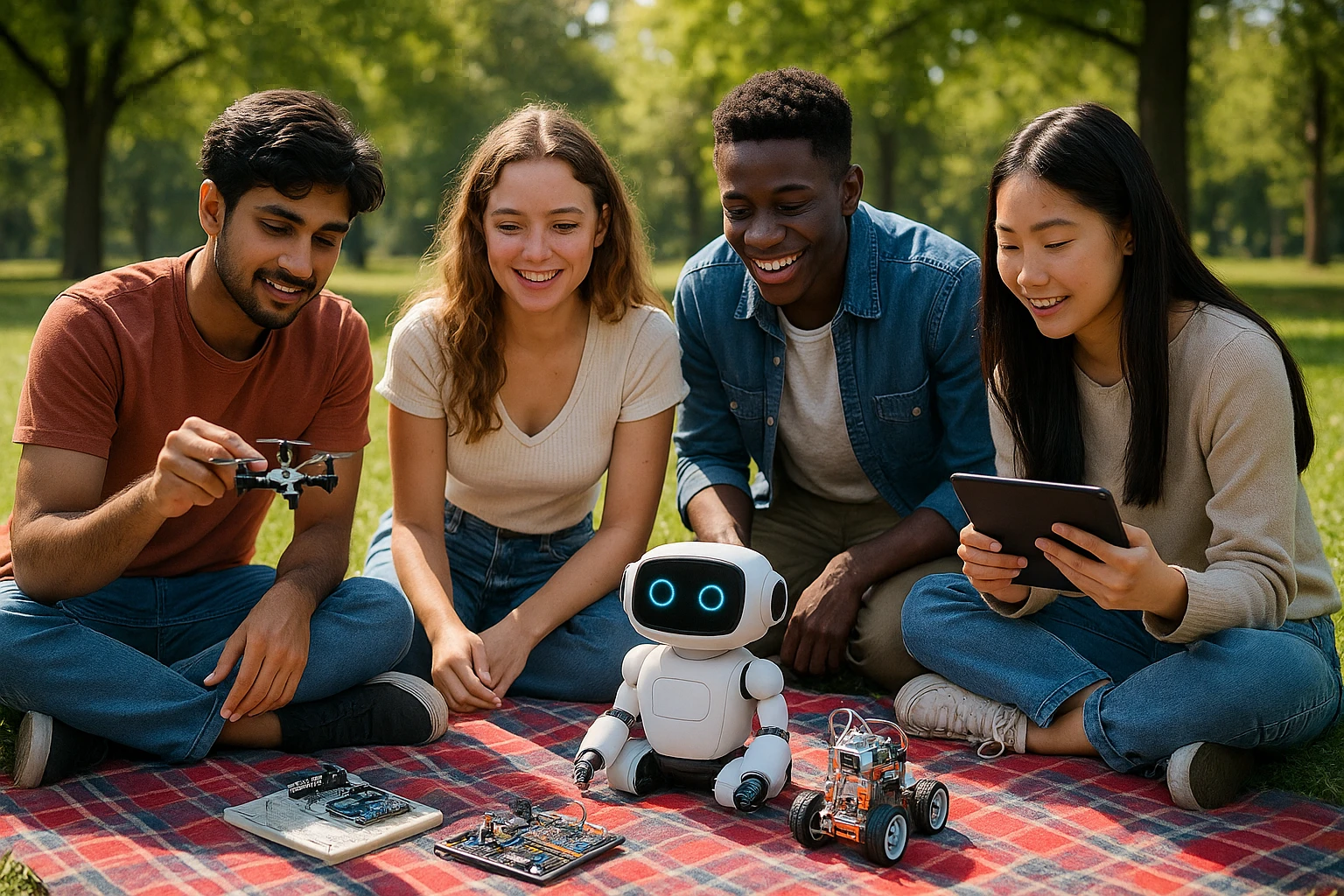 A group of diverse young people gathered in a park, engaging with interactive AI learning kits spread on a picnic blanket, with small drones and AI-powered educational robots demonstrating concepts in a vibrant, outdoor learning environment.
