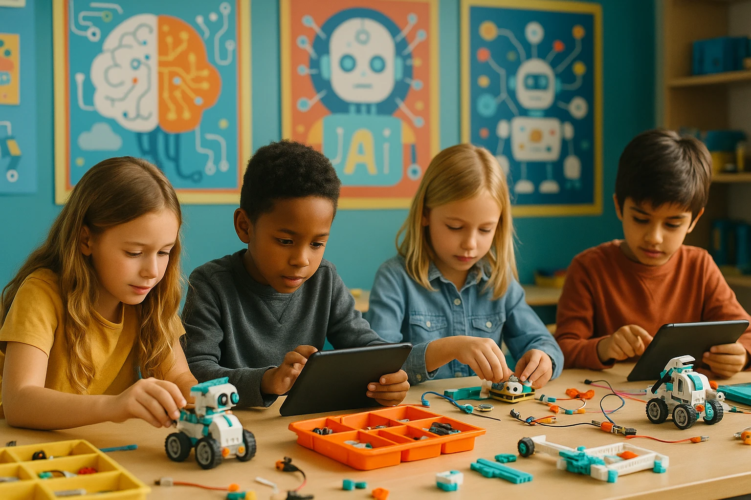 In a vibrant, interactive classroom filled with colorful AI-themed posters, young students assemble and program small AI-powered robots using tablet interfaces, while engaging with hands-on educational kits that demonstrate basic concepts of machine learning and robotics.