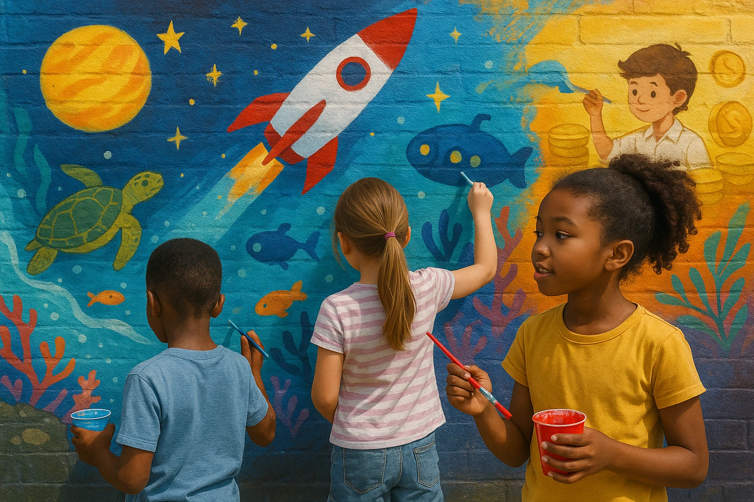 A group of children gathers around a colorful outdoor mural, each painting their section with dreams of becoming astronauts, marine biologists, and entrepreneurs, while vibrant dream-inspired imagery, like rockets and marine life, comes to life on the wall.