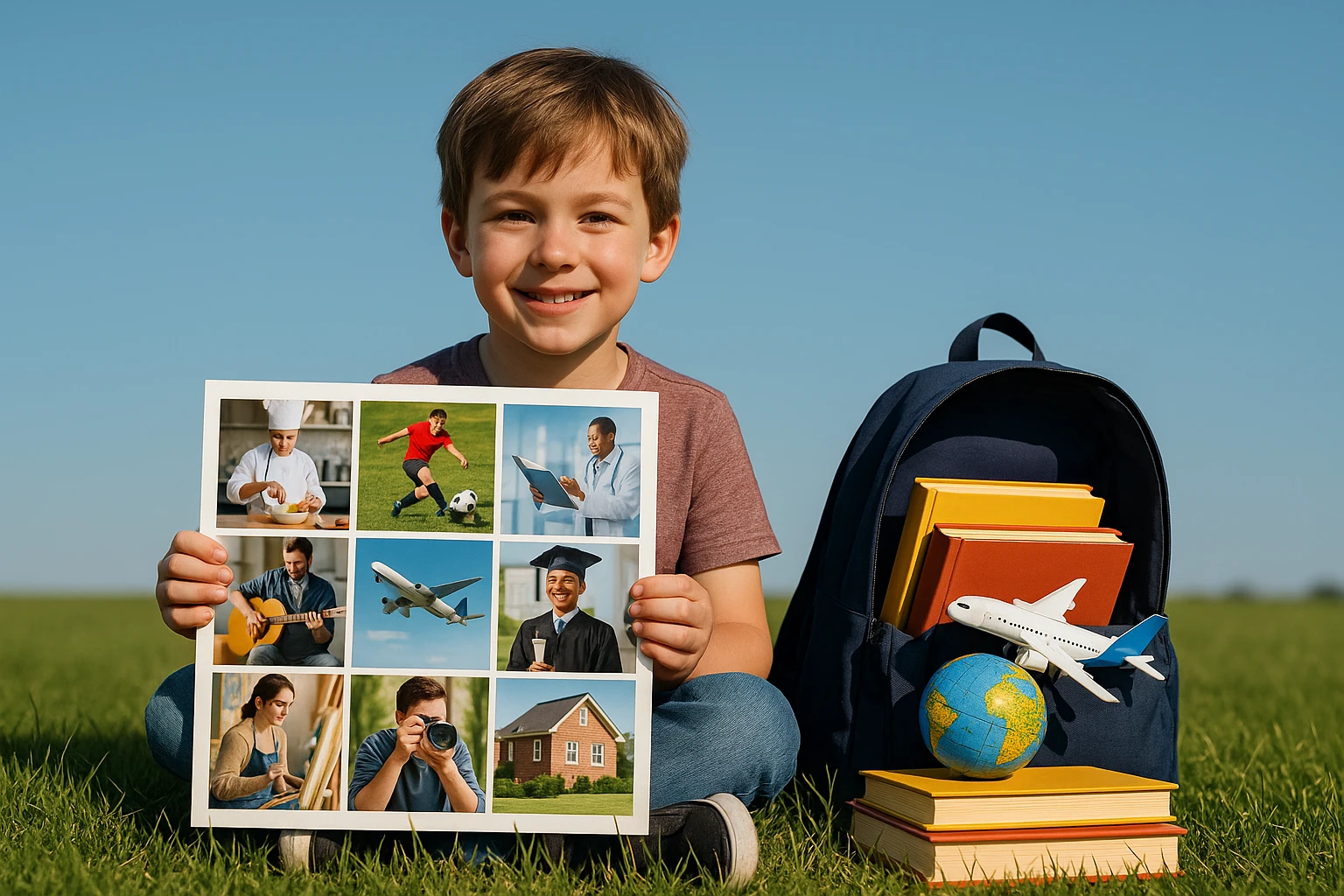 A child sits on a grassy field under a clear blue sky, holding a colorful vision board filled with images of dream jobs, hobbies, and achievements; beside them, a backpack overflows with books and small educational props like a globe and model airplane.