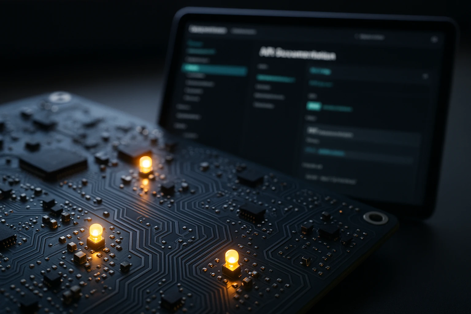 A close-up of a modern circuit board, featuring bright LEDs and intricate pathways, set against a backdrop of an open-source API documentation screen displayed on a sleek tablet, showcasing the integration of the 