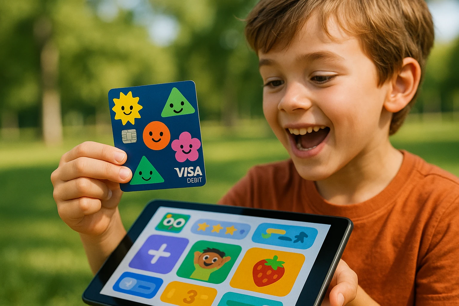 A dynamic scene of a child holding a brightly-decorated Visa debit card in front of a colorful learning app interface on a tablet, set outdoors with a park in the background, illustrating the connection between learning achievements and real-world rewards.