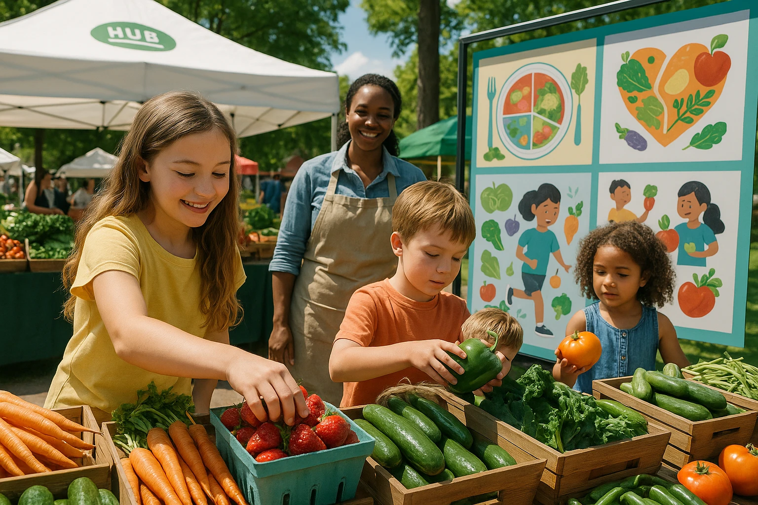 A vibrant outdoor farmers' market scene with children picking fresh fruits and vegetables, a Life Hub banner showcasing 