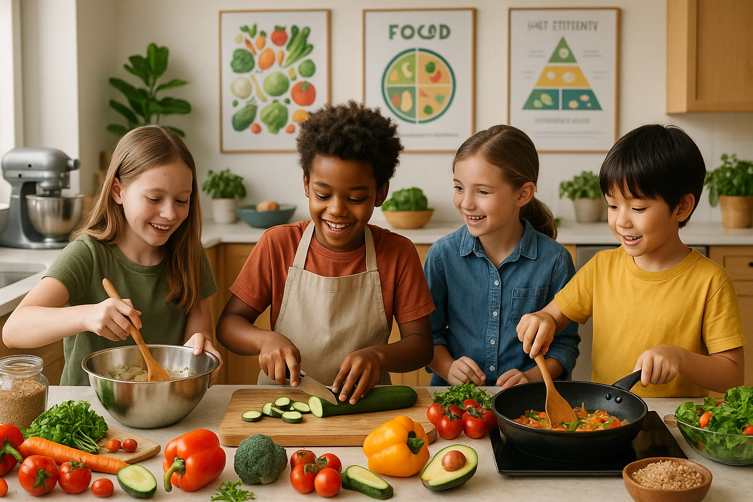 A lively kitchen scene where children are actively involved in a cooking workshop at Life Hub, surrounded by fresh ingredients like colorful vegetables and grains, with Life Hub's 