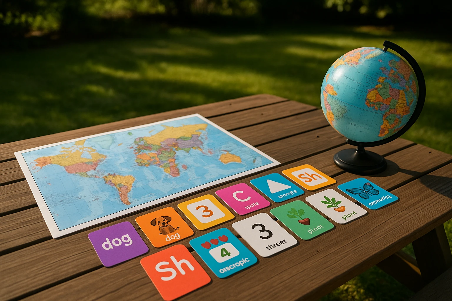 A vibrant collage of diverse educational materials from Life Hub, including a map, a set of colorful flashcards, and a globe, spread across a wooden picnic table in a sunlit backyard, symbolizing the diverse and personalized learning tools available for homeschool families.