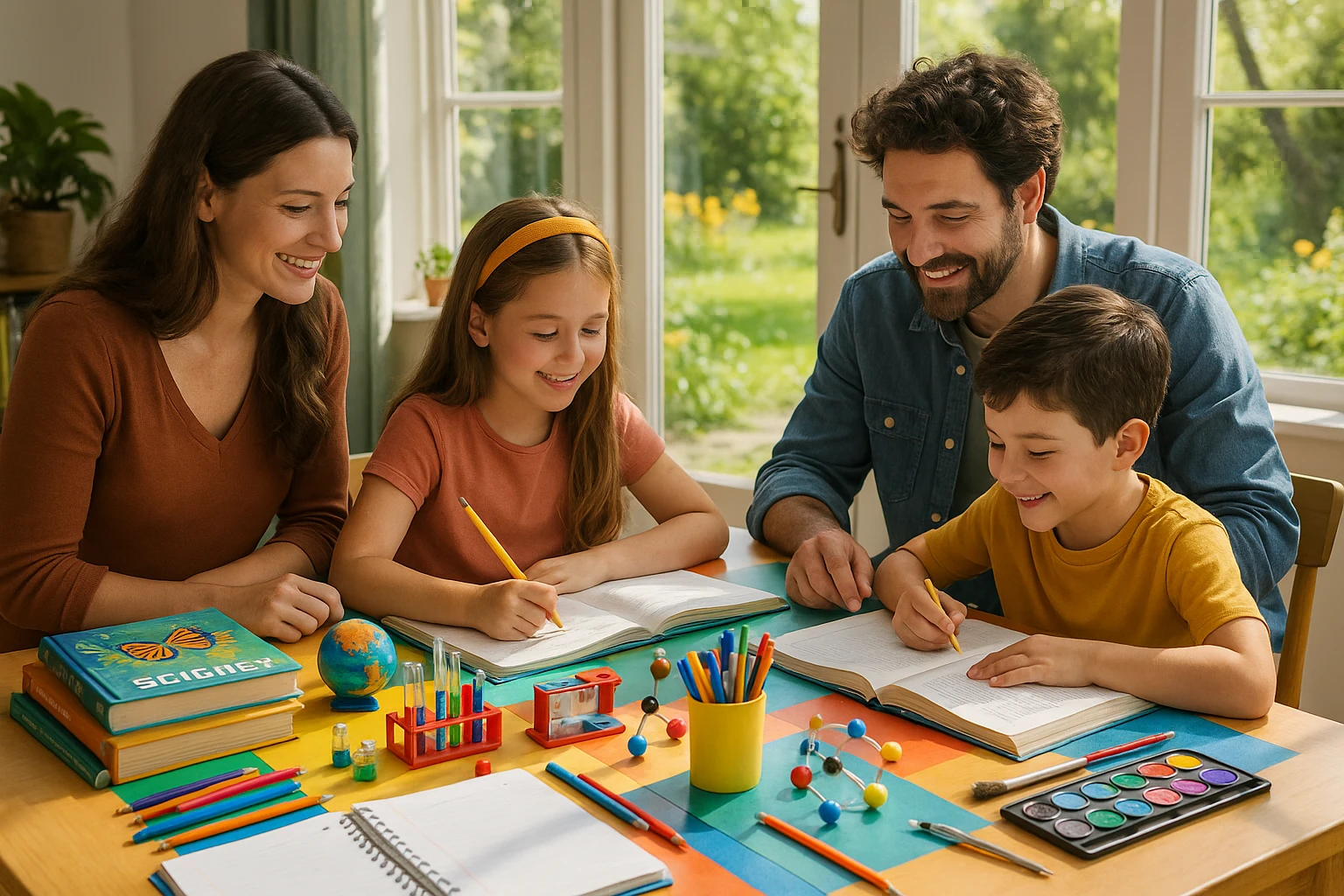 A homeschool family gathers around a colorful table filled with educational tools, including textbooks, science kits, and art supplies, while a sunny garden is visible through large windows, symbolizing the vibrant learning environment offered by Life Hub.