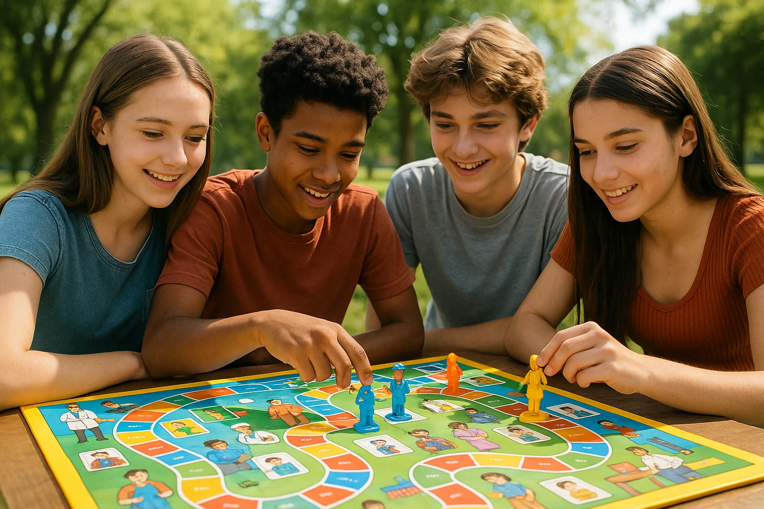 A group of teenagers gathered around a brightly colored career exploration board game, with pieces representing different professions like doctor, engineer, and artist, set in a sunny park with trees in the background.