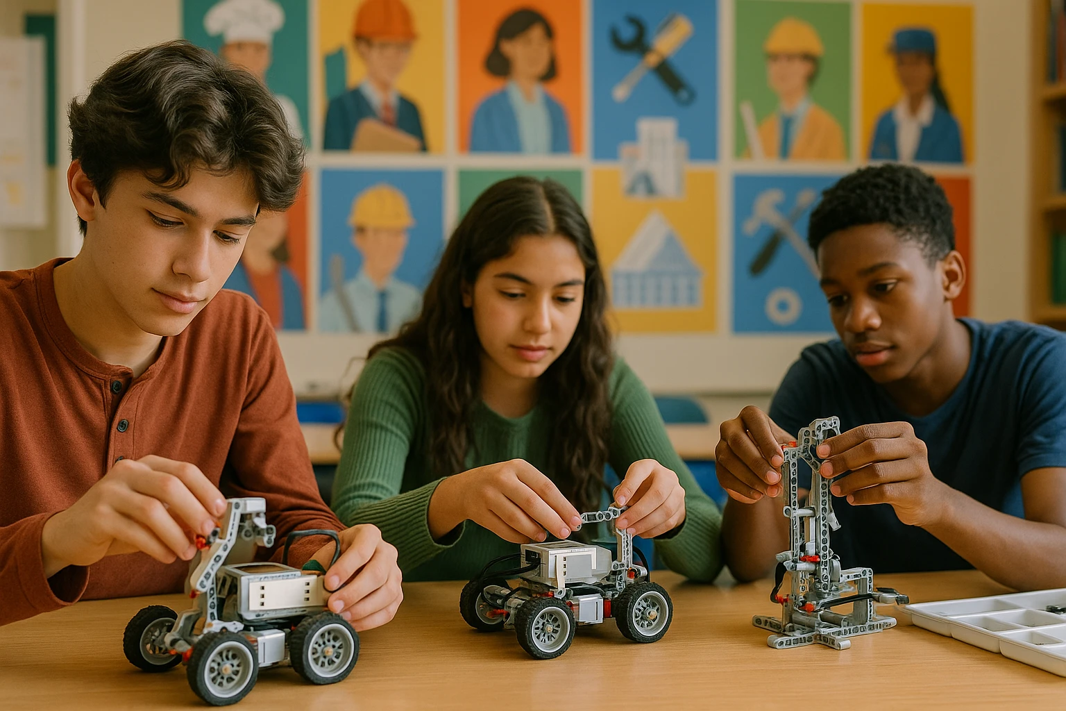 Teenagers engaged in a hands-on workshop, using LEGO robotics kits to build mechanical projects in a vibrant classroom filled with colorful posters of various career paths and tools.