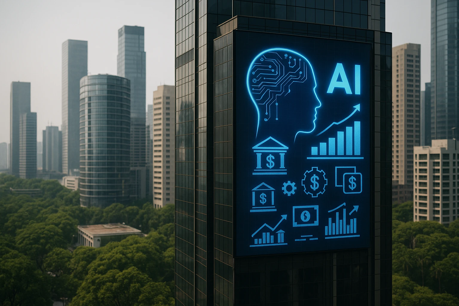 A close-up of a futuristic cityscape, with a Life Hub Infinti AI billboard prominently displayed on a skyscraper, highlighting the integration of AI in financial services against a backdrop of diverse urban architecture and greenery, symbolizing sustainability.