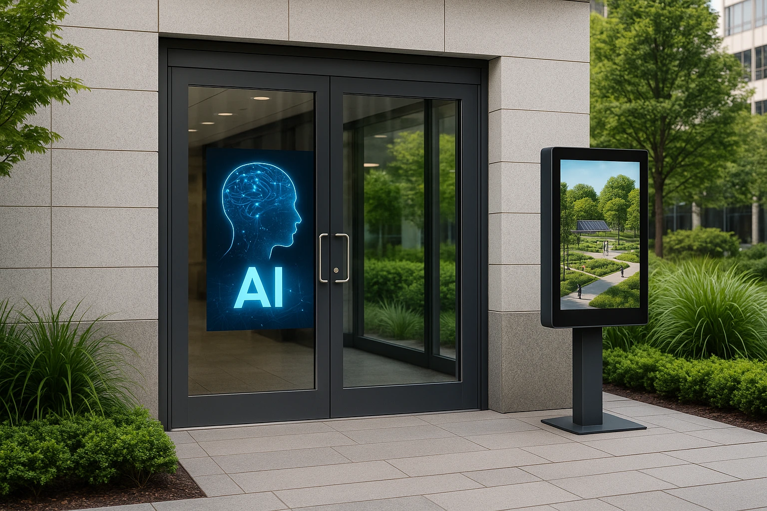 A detailed shot of a bank's modern entrance, featuring a Life Hub Infinti AI poster on the glass doors, with a backdrop of green urban landscaping and a digital kiosk displaying community reinvestment projects, symbolizing transparency and sustainability.