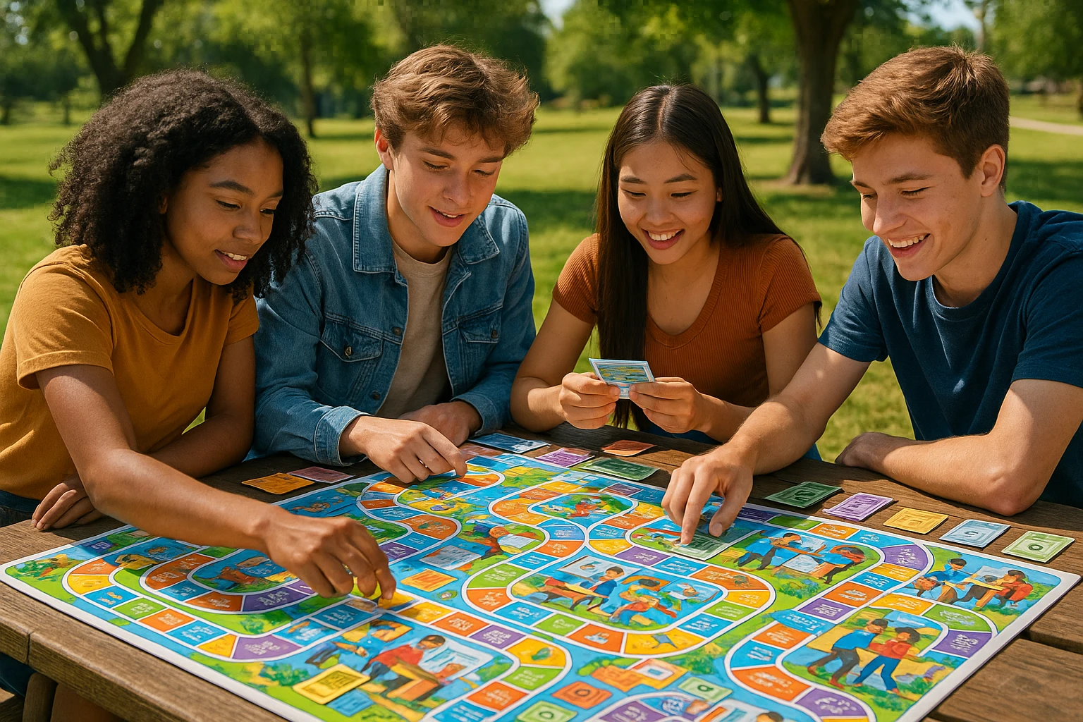 A group of young teens gathered around a colorful, oversized board game spread out on a picnic table in a sunny park, actively engaged in a game focusing on financial literacy and career skills, with game cards, real-world scenarios, and vibrant illustrations.