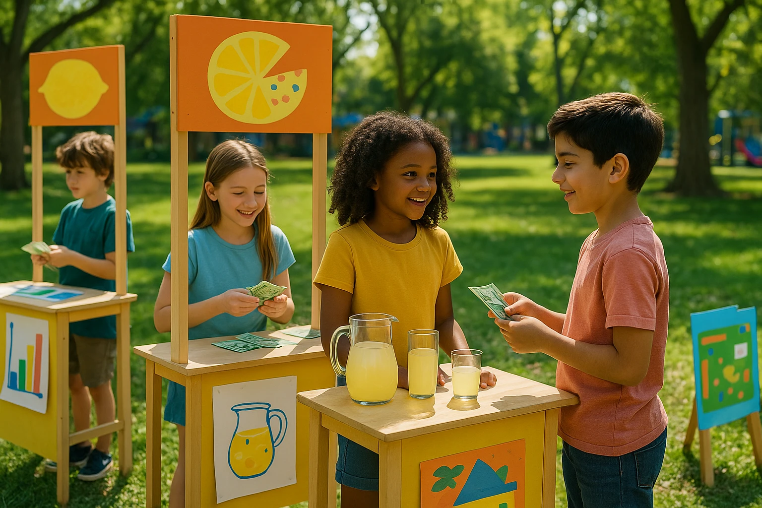 A diverse group of children in a vibrant park setting, engaging in a real-world business simulation with lemonade stands, colorful posters, and play money, illustrating the Life Hub program's commitment to empowering kids with entrepreneurial skills.