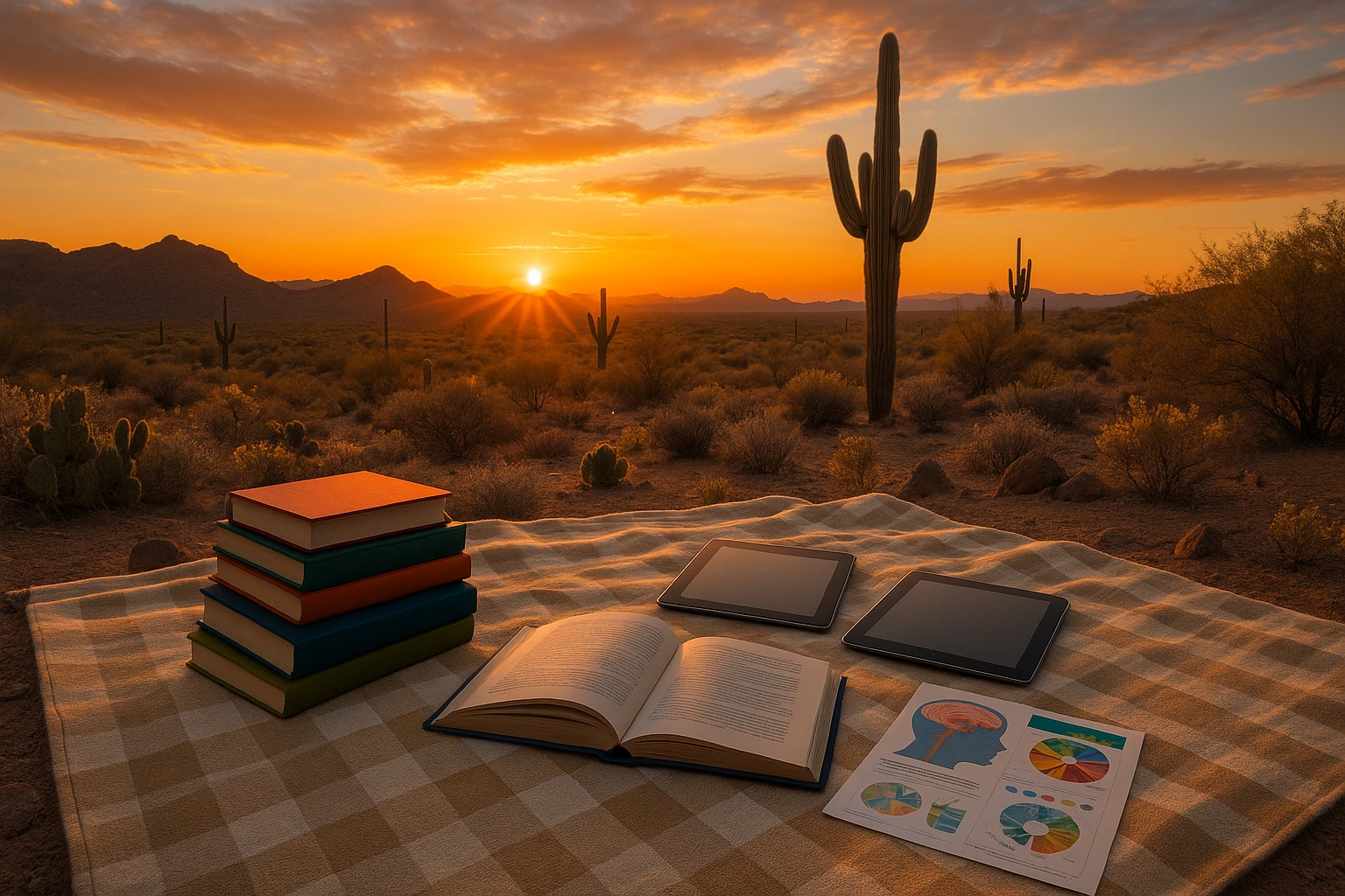 A picturesque sunset over the Arizona desert with a family picnic setup featuring a variety of educational materials like books, digital tablets, and a Life Hub brochure, emphasizing the theme of learning beyond traditional classrooms.