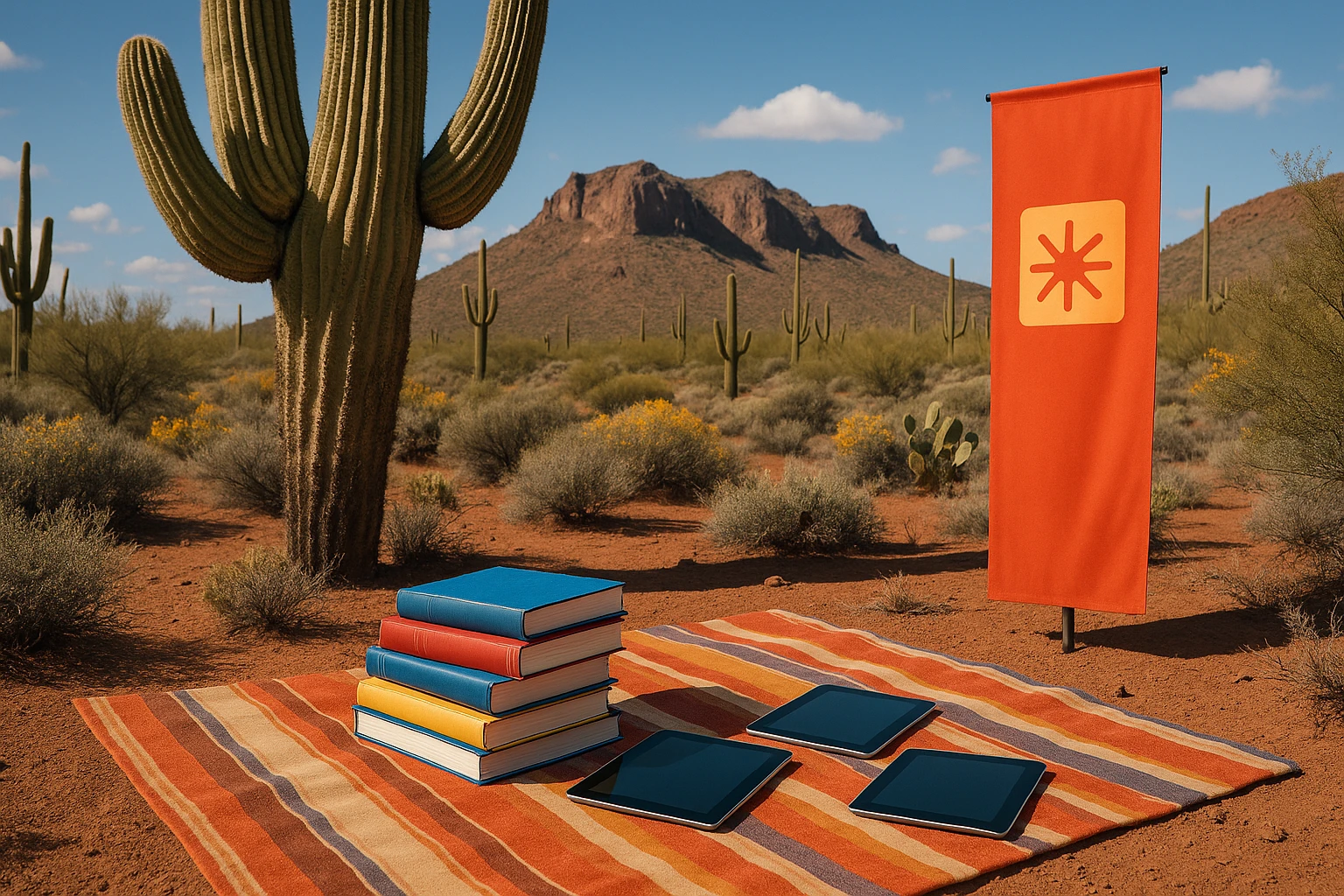 A vibrant Arizona desert landscape with a stack of textbooks and digital tablets scattered on a picnic blanket, next to a prominent Life Hub banner, under a saguaro cactus, illustrating the concept of outdoor learning and financial literacy education.