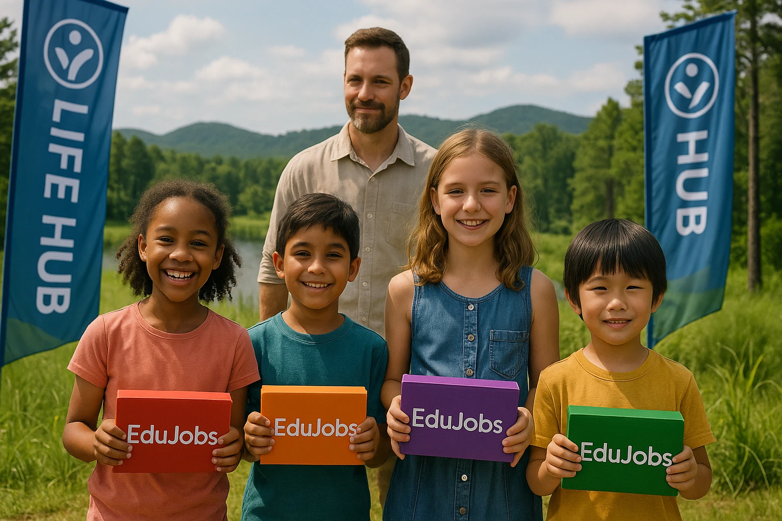 A diverse group of children are outdoors, each holding colorful modules labeled 
