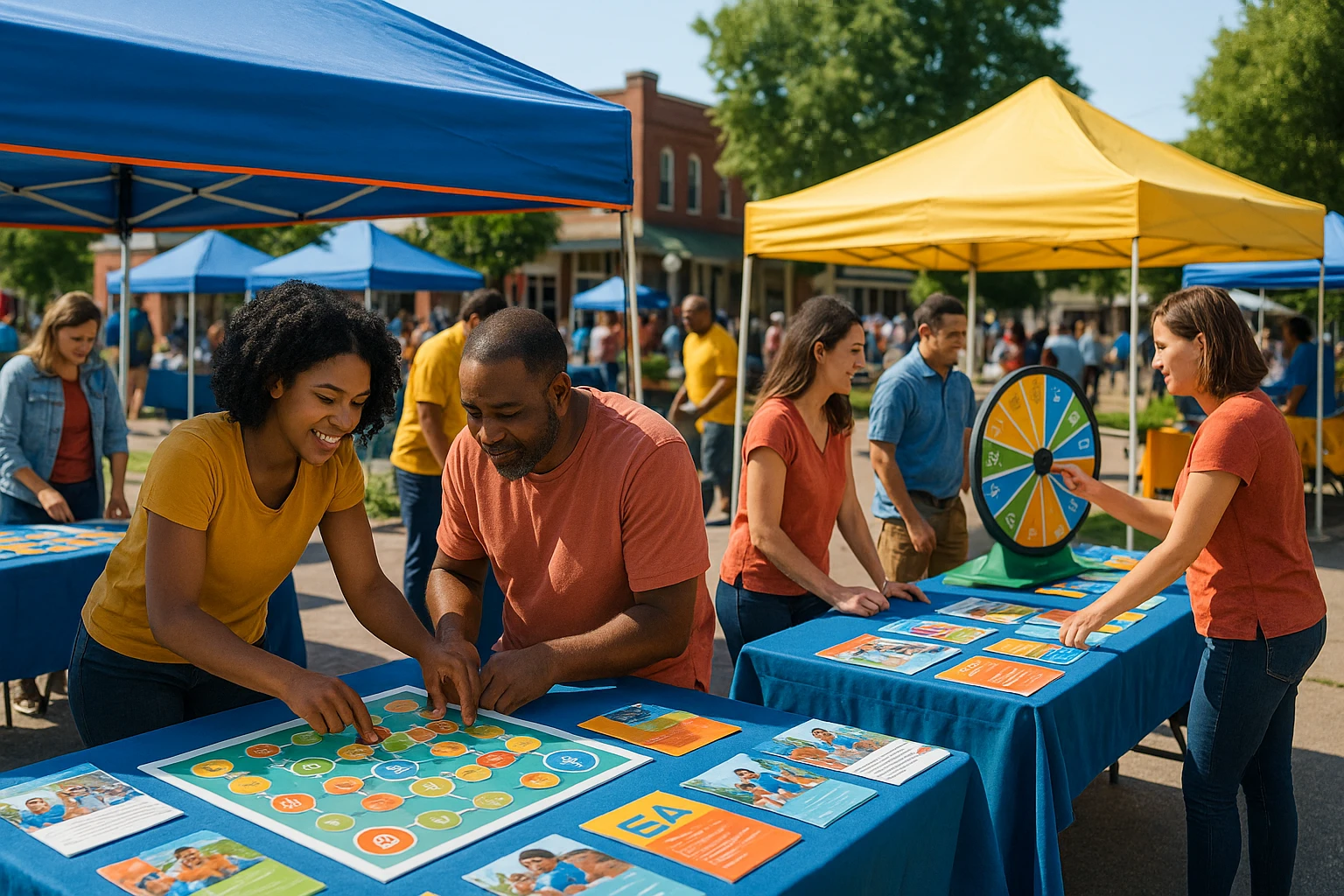 A vibrant outdoor marketplace in Arkansas where a community event is underway, showcasing booths with banners reading 