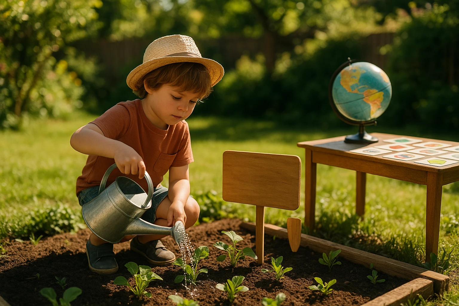 A child in a sunny backyard garden, tending to a small vegetable patch with a watering can next to a sign labeled 