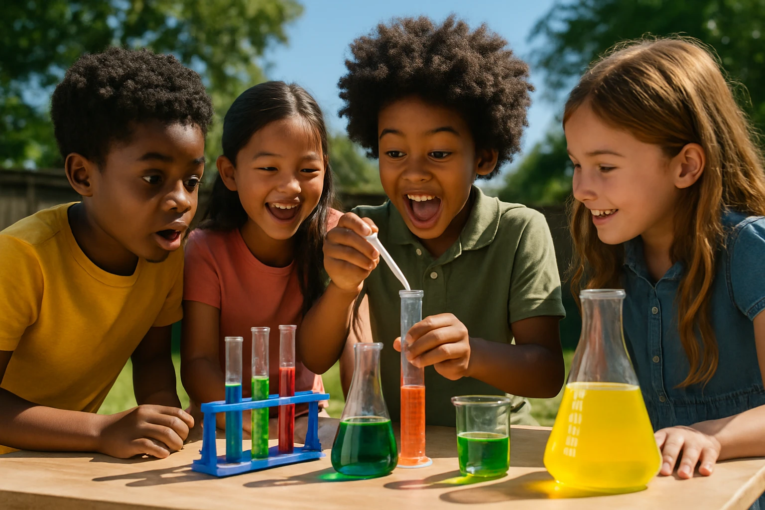 A group of diverse children energetically engaging in a backyard science experiment, with colorful test tubes and measuring tools on a table, as they collaboratively work on a project under a clear blue sky.