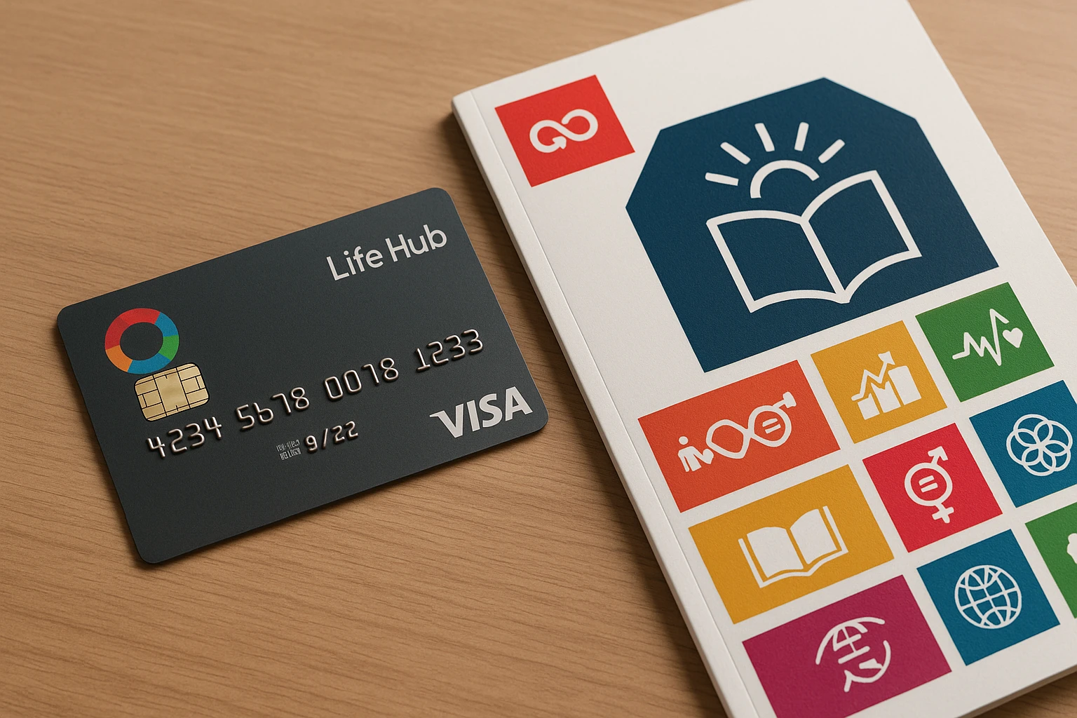 A Life Hub Visa® Card laying on a table next to educational booklets illustrating the SDGs, emphasizing financial tools and learning integration.
