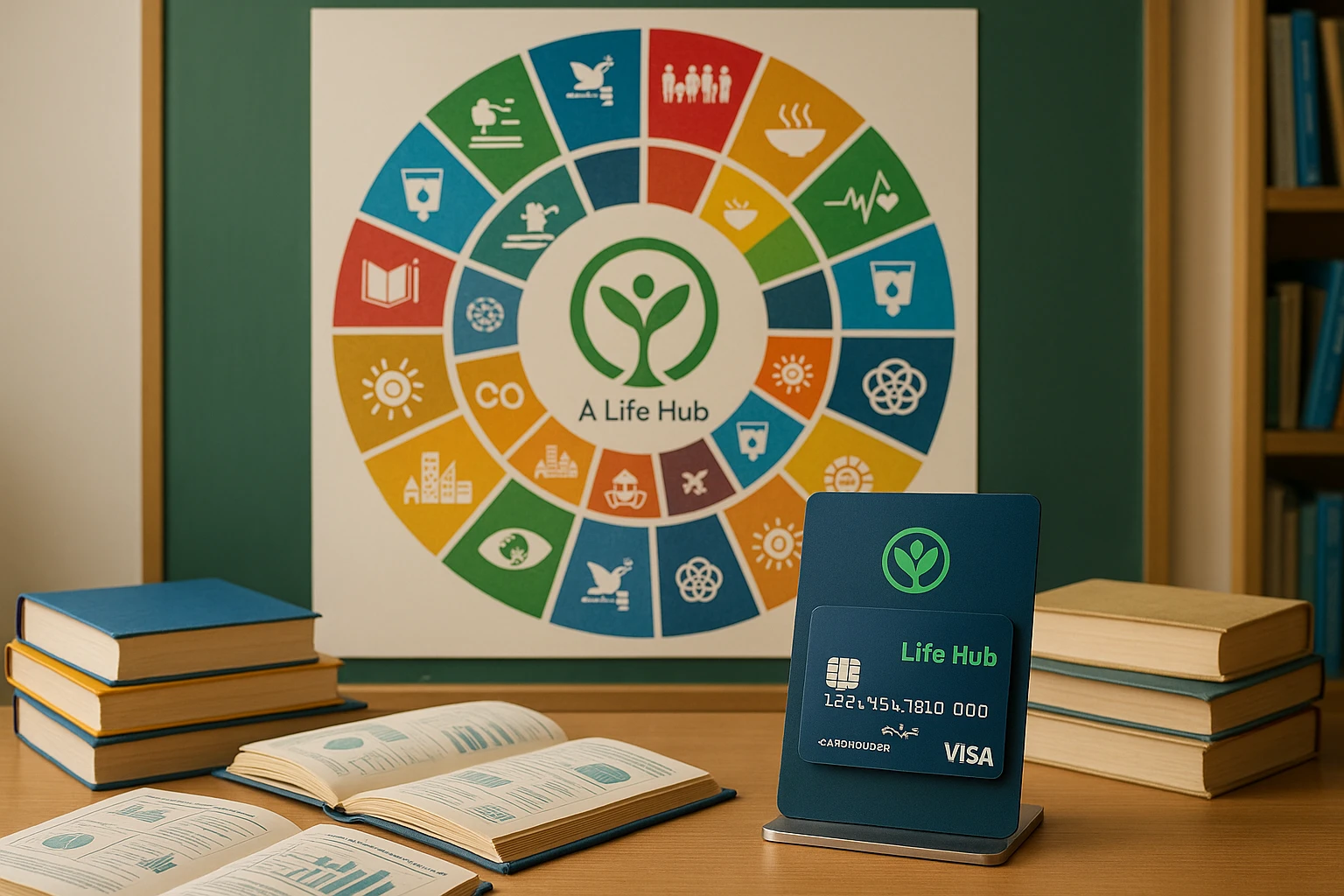 A Life Hub® ecosystem display in a classroom featuring colorful infographics about the SDGs, with a real-world bank card stand exhibiting the Life Hub Visa® Card, surrounded by educational resources and books on financial literacy.
