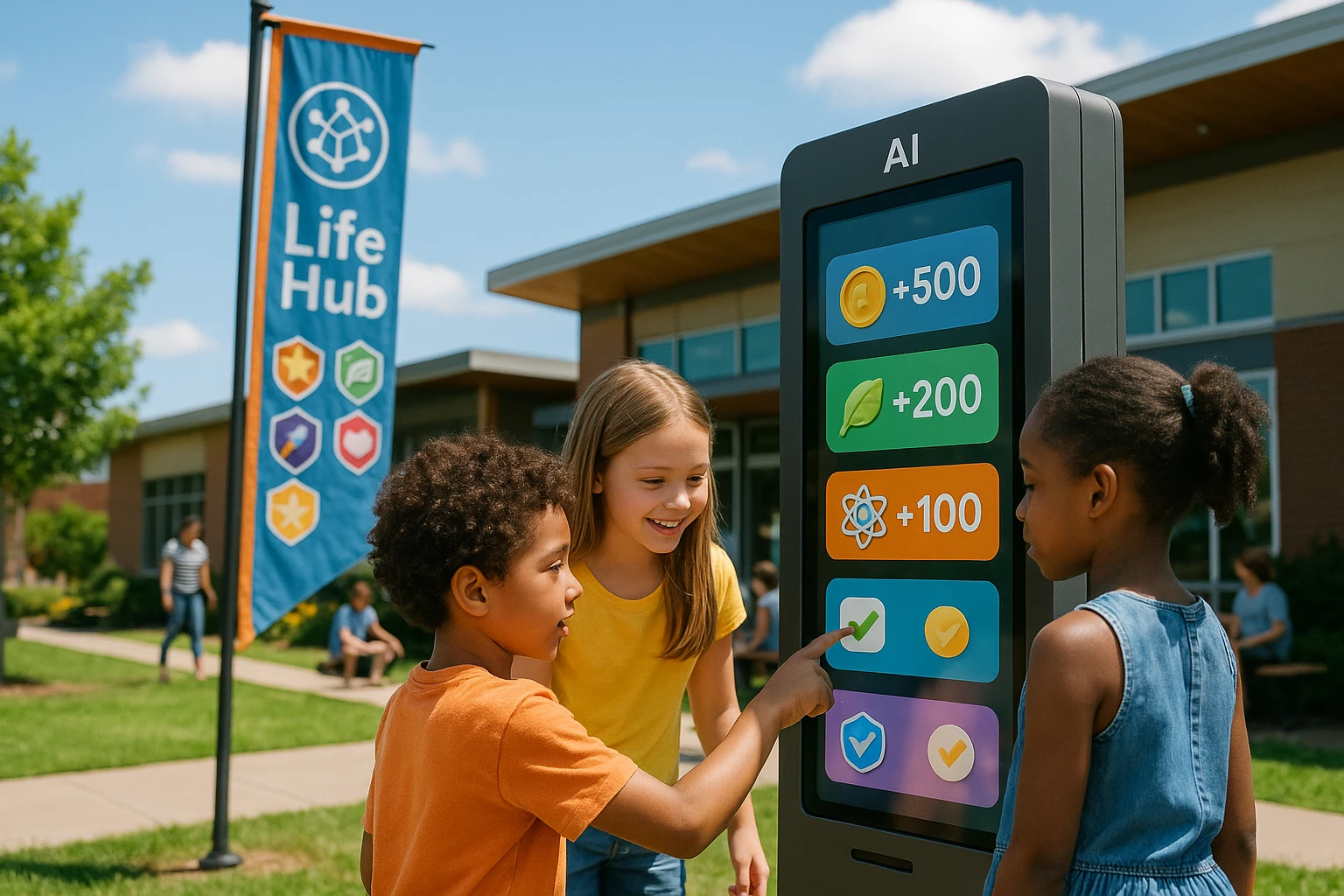 A vibrant outdoor scene with a community hub featuring an interactive AI learning kiosk, where children are engaging with touch-sensitive displays showing real-time rewards. Nearby, a large banner displays the Life Hub logo and various achievement badges fluttering in the wind.