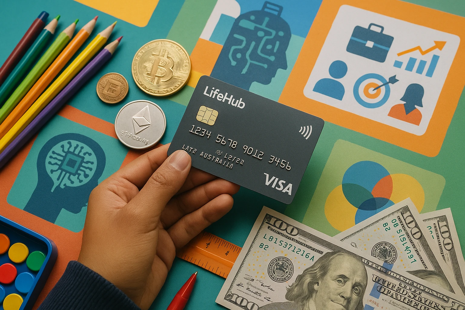 A student's hand holding a Life Hub Visa Rewards Card among a colorful array of educational tools, digital tokens, and real-world currency, set against a background illustrating various learning modules such as AI circuits and career readiness materials.