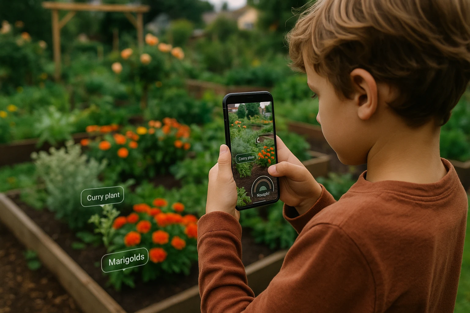 A child uses a smartphone outdoors to snap a photo of a vibrant community garden, with AI-generated pop-up information overlaying the plant species and soil conditions on the screen.