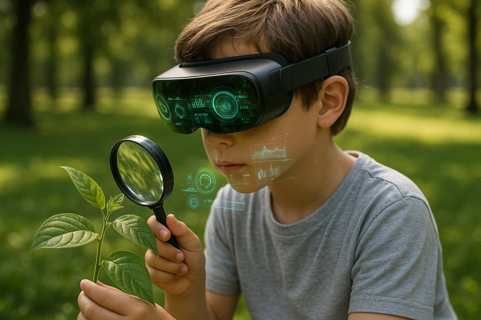 A child in a park uses a magnifying glass to examine a plant's leaves, with a futuristic AR headset displaying real-time data projections about the plant's health and ecosystem.