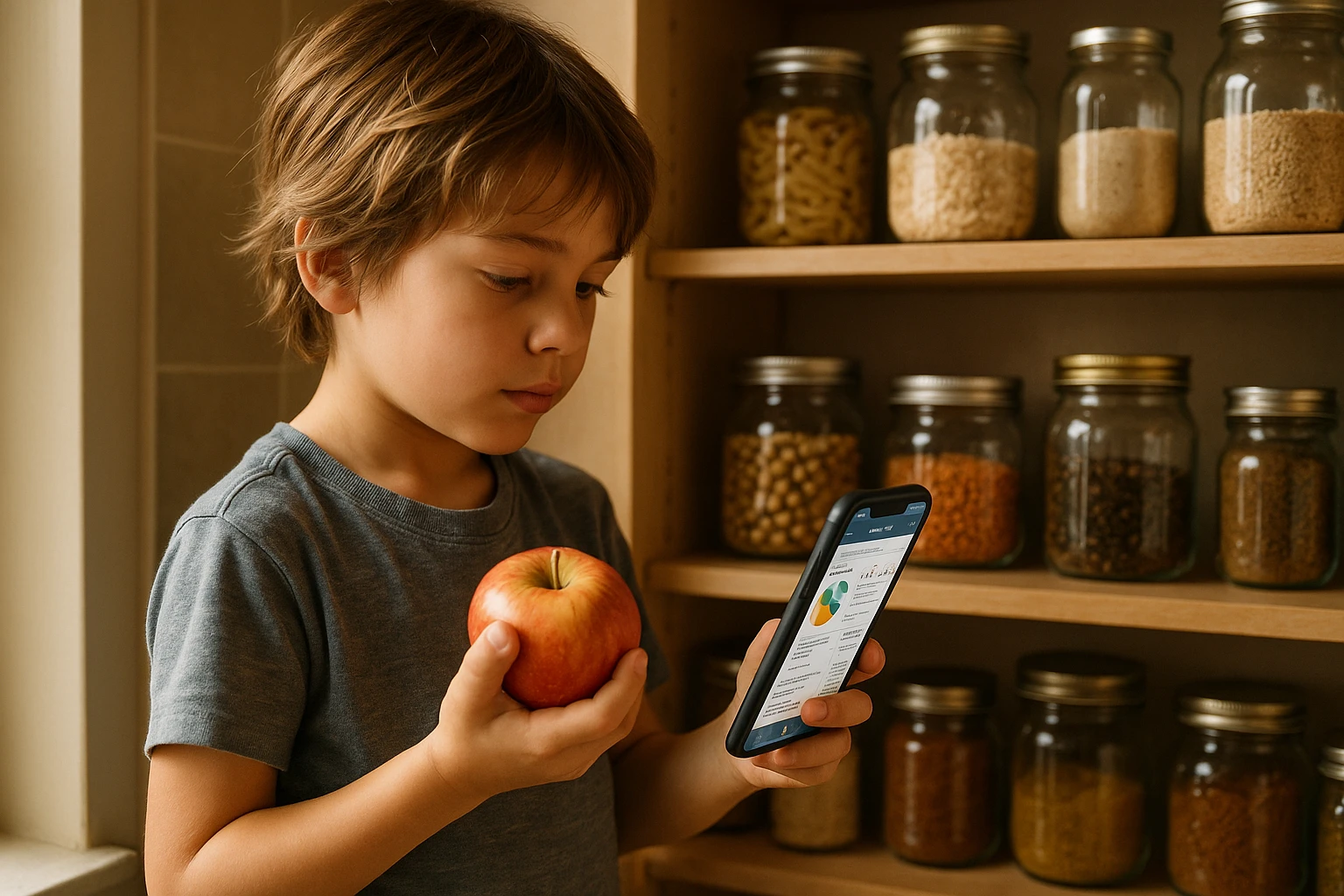 A child stands in a sunlit kitchen pantry, holding an apple in one hand while using a smartphone with the other. The phone screen displays detailed nutritional and economic information about the apple, highlighting education through the Life Food app, surrounded by jars of grains and spices.