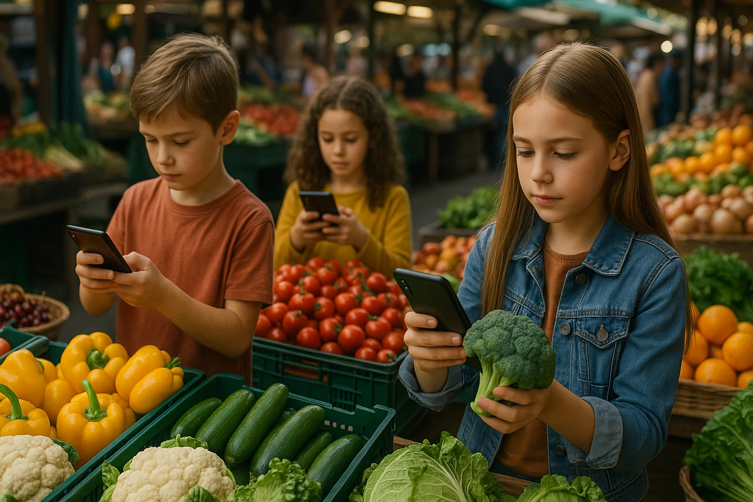 A bustling farmers' market scene with children eagerly engaging, scanning fresh produce with their mobile devices to identify nutritional facts, surrounded by vibrant displays of fruits and vegetables.