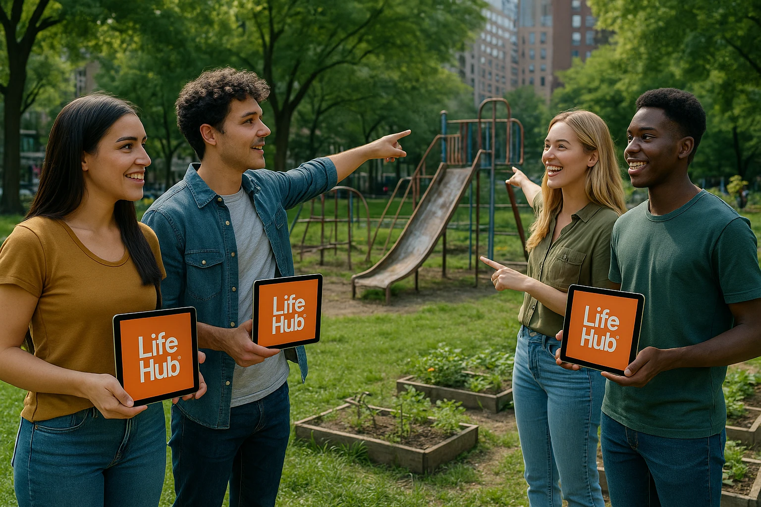 A group of young people in a vibrant city park, holding tablets and pointing to a run-down playground, with a Life Hub® logo visibly displayed on their tablets and a community garden being revitalized in the background.