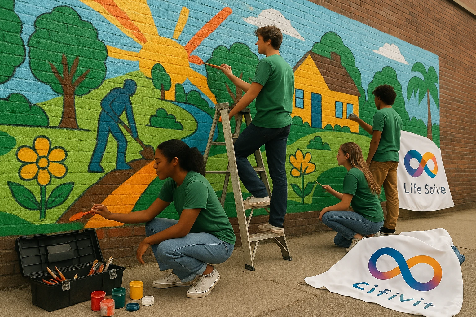 A vibrant mural depicting community improvement is being painted by a group of young people on a brick wall. Next to them, a toolbox with brushes and paints is open, while a Life Hub® Infiniti banner is draped nearby, illustrating their ongoing Life Solve mission.
