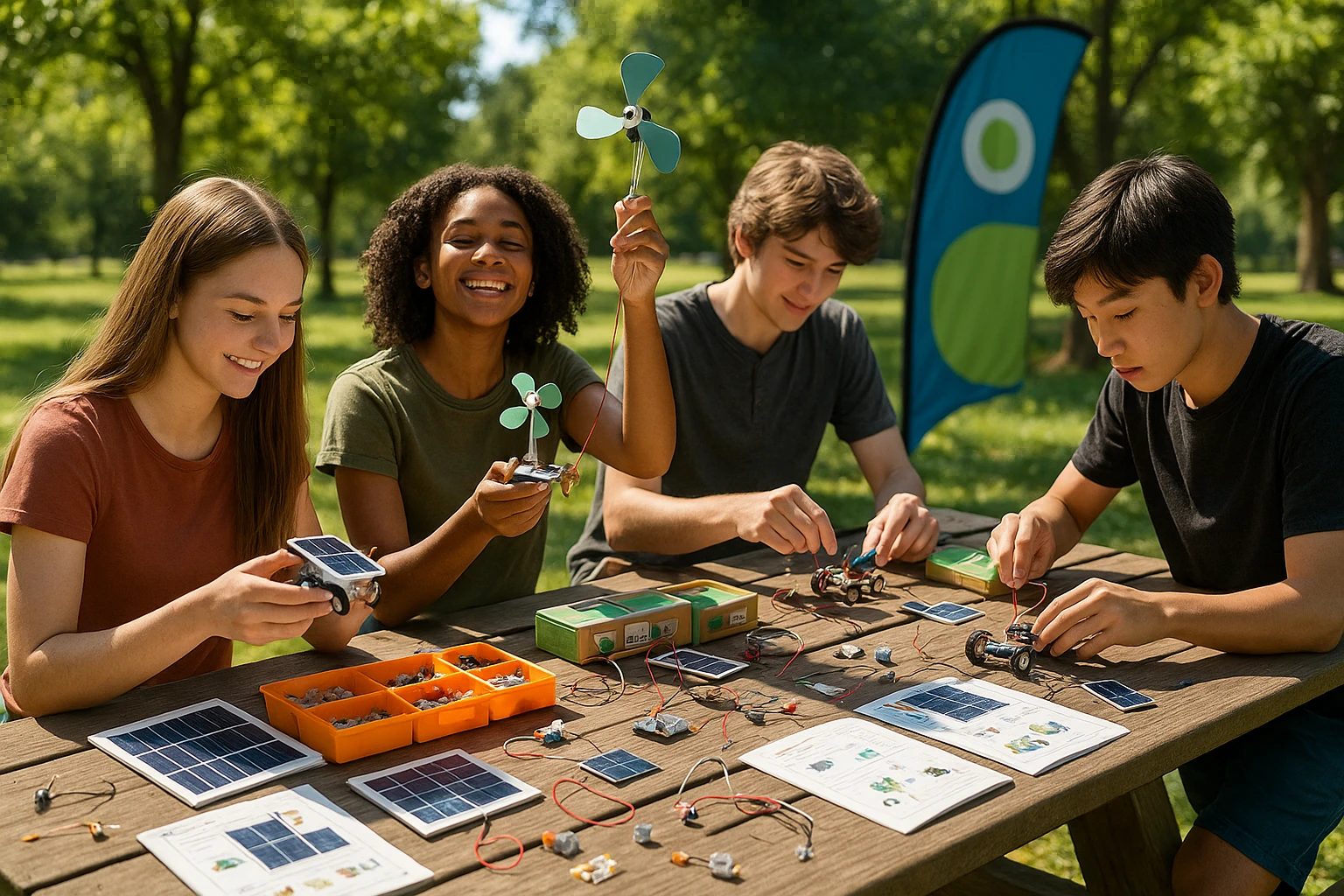 A dynamic outdoor workshop where teenagers actively engage in constructing small solar-powered devices, with Life Hub kits and Electus Education banners set up on picnic tables, surrounded by greenery and bright sunlight.